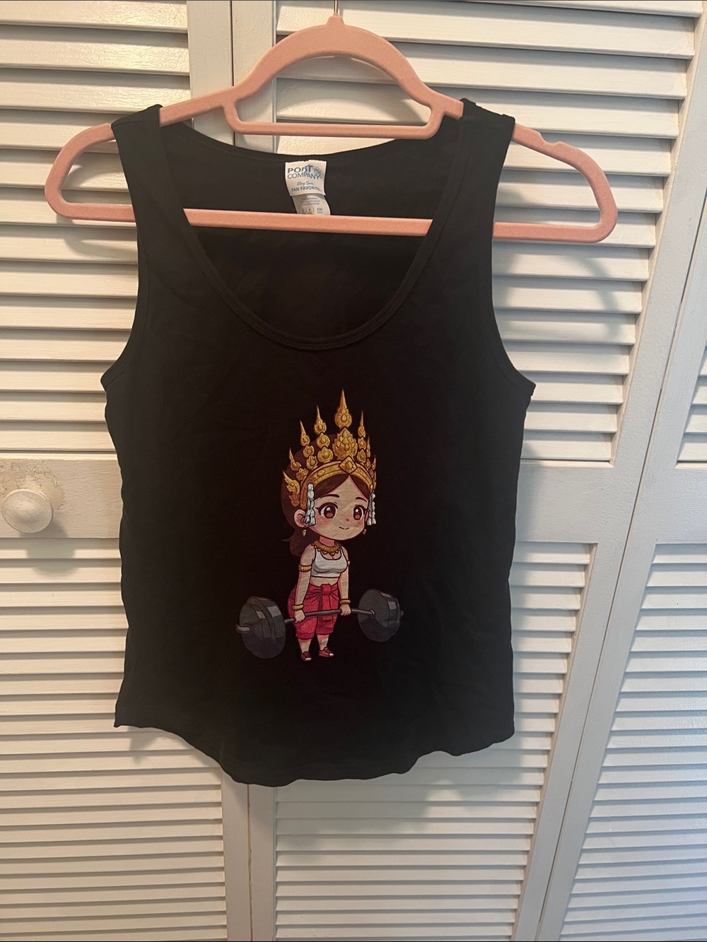 #1940: Black Tank Top with Gold-Trimmed Cartoon Design